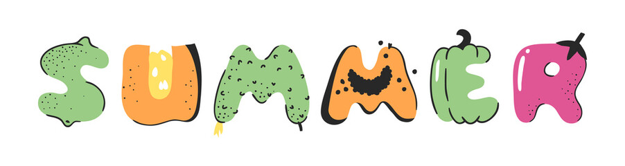 Cartoon vector illustration vegetables and fruits and word SUMMER. Hand drawn drawing vegetarian food. Actual Creative Vegan art work