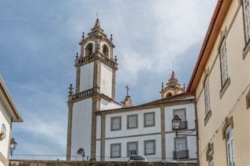 Viseu / Portugal - 04 16 2019 : View of a tower at the Church of Mercy, baroque style monument,...