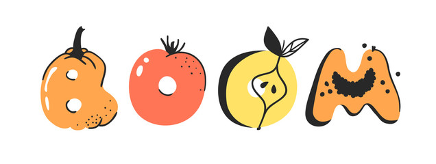 Cartoon vector illustration vegetables and fruits and word BOOM. Hand drawn drawing vegetarian food. Actual Creative Vegan art work