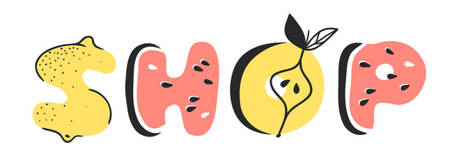 Cartoon vector illustration vegetables and fruits and word SHOP. Hand drawn drawing vegetarian food. Actual Creative Vegan art work