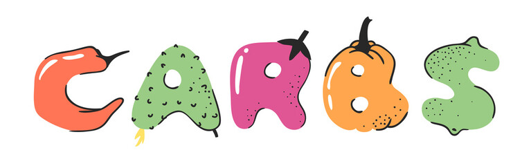 Cartoon vector illustration vegetables and fruits and word CARBS. Hand drawn drawing vegetarian food. Actual Creative Vegan art work