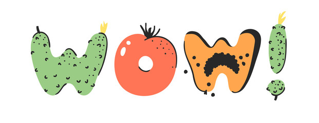 Cartoon vector illustration vegetables and fruits and word WOW. Hand drawn drawing vegetarian food. Actual Creative Vegan art work