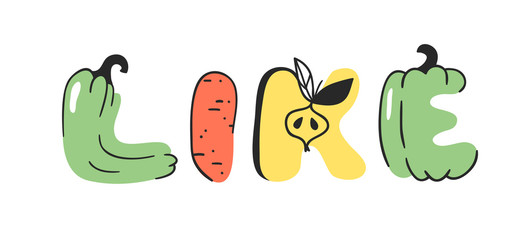Cartoon vector illustration vegetables and fruits and word LIKE. Hand drawn drawing vegetarian food. Actual Creative Vegan art work