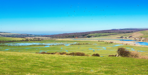 Cuckmere Haven near Seaford, East Sussex, England. South Downs National park. View of blue river, selective focus