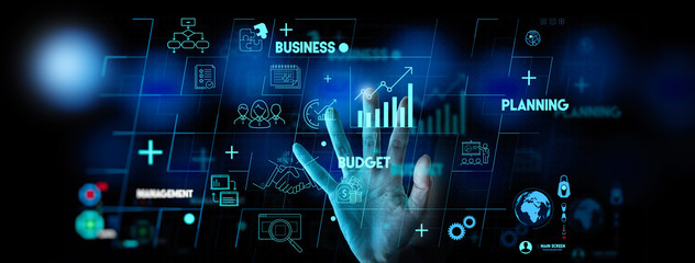 Project manager hand and management skills on computer Ui with icons of planning schedule of tasks and deliverables, budget, team work strategy.