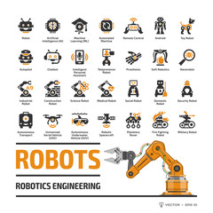 Robotics industry icon set with flat industry robot arm: artificial intelligence AI, machine learning ML, automated and remote control, smart chip, android, toy and more tech glyph symbols.