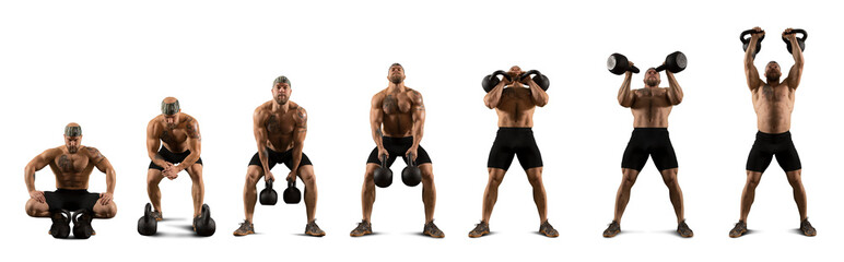 Fototapeta na wymiar Sport collage. Muscular man training with kettlebell