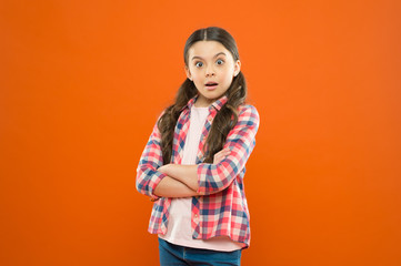 Wondering every day. Upbringing versatile personality. Childhood concept. Girl child stand orange...