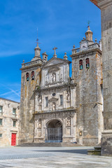 Fototapeta na wymiar Viseu / Portugal - 04 16 2019 : View at the front facade of the Cathedral of Viseu, Adro da S Cathedral de Viseu, architectural icon of the city of Viseu, Portugal