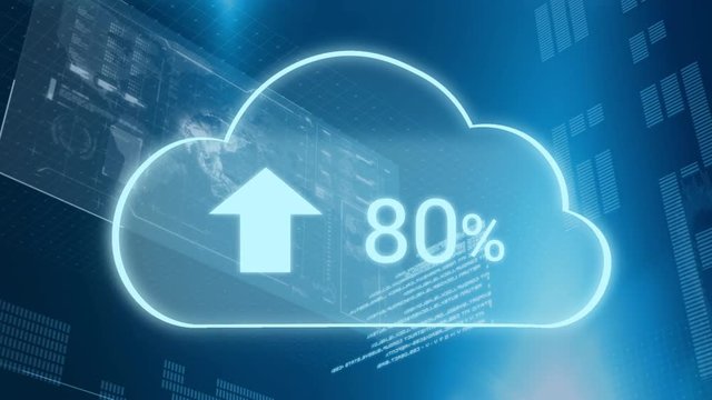 Upload progress clouds and a futuristic interface with program codes