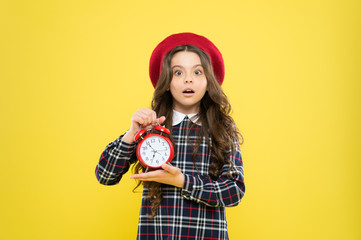 Last chance deadline. Anxious child worried about deadline on yellow background. Stressed little...