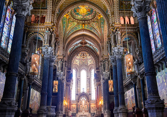 LYON, FRANCE -  JUNE 13, 2019 : The Basilica Notre Dame de Fourviere, built between 1872 and 1884, located in Lyon, France. - obrazy, fototapety, plakaty