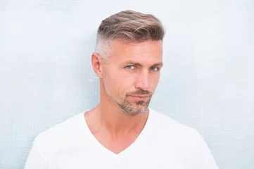 Selbstklebende Fototapeten Friseursalon Grizzle hair suits him. Deal with gray roots. Man attractive well groomed facial hair. Barber shop concept. Barber and hairdresser. Man mature good looking model. Silver hair shampoo. Anti ageing  © be free