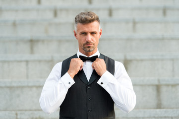 Perfect bow tie. Gentleman modern style. Guy well groomed handsome bearded gentleman macho wear...