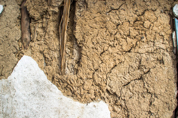 Empty old wall texture. Painted distressed wall surface. Grungy wide concrete wall. Grunge stonewall background. Shabby building facade with damaged plaster. Abstract web banner.
