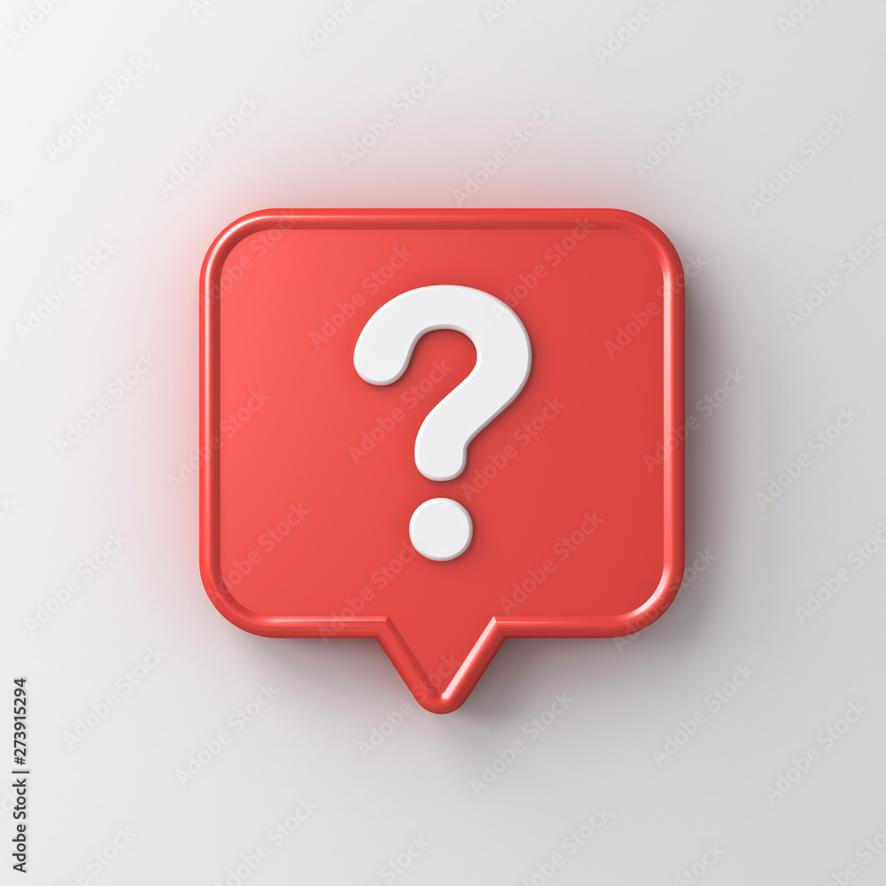 Poster 3d social media notification white question mark icon in red rounded square pin isolated on white background with shadow 3D rendering