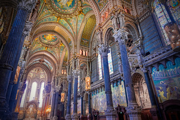 Naklejka premium LYON, FRANCE - JUNE 13, 2019 : The Basilica Notre Dame de Fourviere, built between 1872 and 1884, located in Lyon, France.