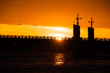 The bridges are erected at dawn in St. Petersburg. Peter Romance. Sight of Peter. Neva River. Dawn in the city. White Nights.