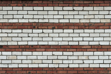 Red White Wall Background. Old Grungy Brick Wall Horizontal Texture. Brickwall Backdrop. Stonewall Wallpaper. Vintage Wall With Peeled Plaster. Retro Grunge Wall