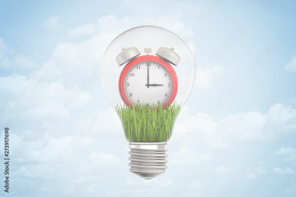 Aufkleber 3d rendering of red alarm clock inside of light bulb on blue background
