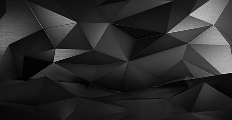 Fototapeta na wymiar Abstract black futuristic polygonal shape of triangulated surface. Low poly crystal random pattern background. 3d rendering.