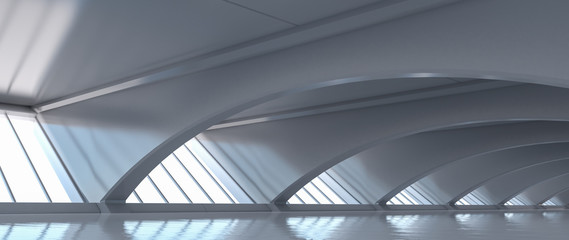 Futuristic curve tunnel. Long corridor interior view. Future modern showroom background concept. Abstract interior design. 3D rendering.