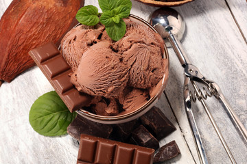 Chocolate coffee ice cream ball in a bowl. ice cream scoop
