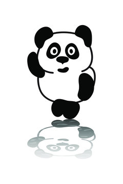 Drawing of Panda Bear with Reflection. Black and White Silhouette.