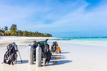 Fotobehang Nungwi Strand, Tanzania Duikuitrusting op het strand van Kendwa in Unguja, ook bekend als Zanzibar Island, Tanzania, Oost-Afrika