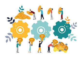 Vector illustration, teamwork, employees caught the idea, searching for new creative ideas.