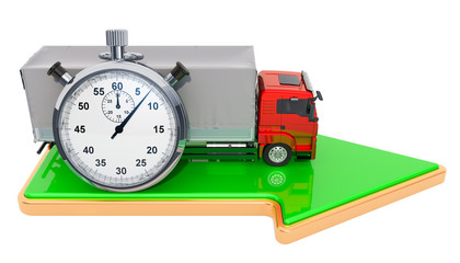 Truck with chronometer and green arrow. Fast delivery concept. 3D rendering