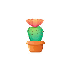 vector cartoon green cactus in pot isolated on white background. funny houseplant icon