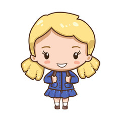 Vector illustration of cute chibi character isolated on white background.  Young school girl in uniform. 