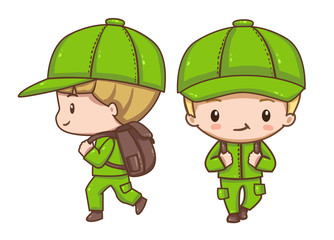 Vector illustration of cute chibi character isolated on white background.  The traveler or soldier with a backpack in clothes for hike. Various turns figure. Front view and side view.
