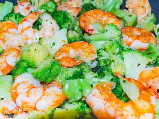 Closeup of thai, chinese traditional healthy food stir-fried broccoli with shrimps or prawns.