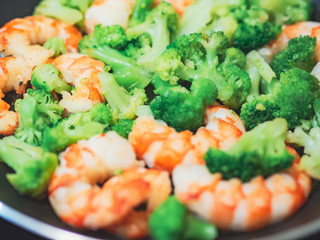 Closeup of thai, chinese traditional healthy food stir-fried broccoli with shrimps or prawns.