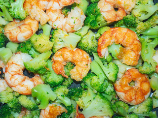 Closeup of thai, chinese traditional healthy food stir-fried broccoli with shrimps or prawns.