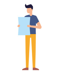 young man holding paper on white background