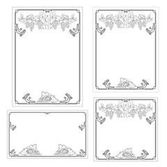 Set decorative frames of various shapes. Bunches of grape for frame decoration. A4, A3, Letter, square and rectangular borders. Black and white.