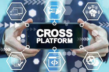 Cross Platform Web Development Technology. Man hold smartphone with cross platform text on screen.