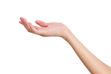 Woman empty hand holding with front hand side isolated on white background