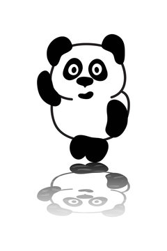 Drawing of Panda Bear with Reflection. Black and White Silhouette. Raster Illustration