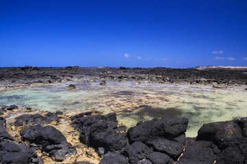 Fototapeta na wymiar El Cotillo - Faro del Toston: Natural pools between black volcanic rocks and turquoise ocean horizon north Fuerteventura against blue sky