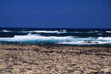 El Cotillo - Faro del Toston: Panoramic view on rocky rough coastline with natural lagoons and pools in north of Fuerteventura