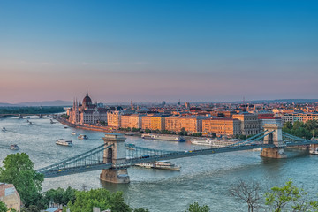 Fototapeta premium Panorama of Budapest at sunset. Hungarian landmarks