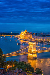 Panorama of Budapest at night. Hungarian landmarks.