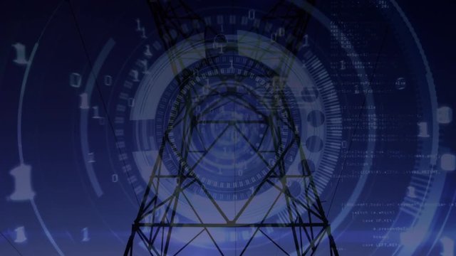 Power line tower and futuristic circles with binary codes