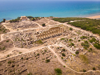 Aerial view of Greek ruins overlooking the sea  at the archeological site of Selinunte, Castelvetrano, Trapani,  on the coast of Sicily, Italy