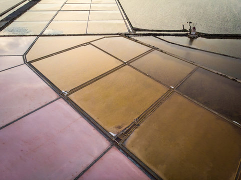Aerial view of pink salt pans in Marsala, Sicily, Italy