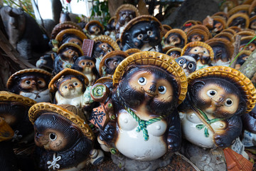 Group of Tanuki statues